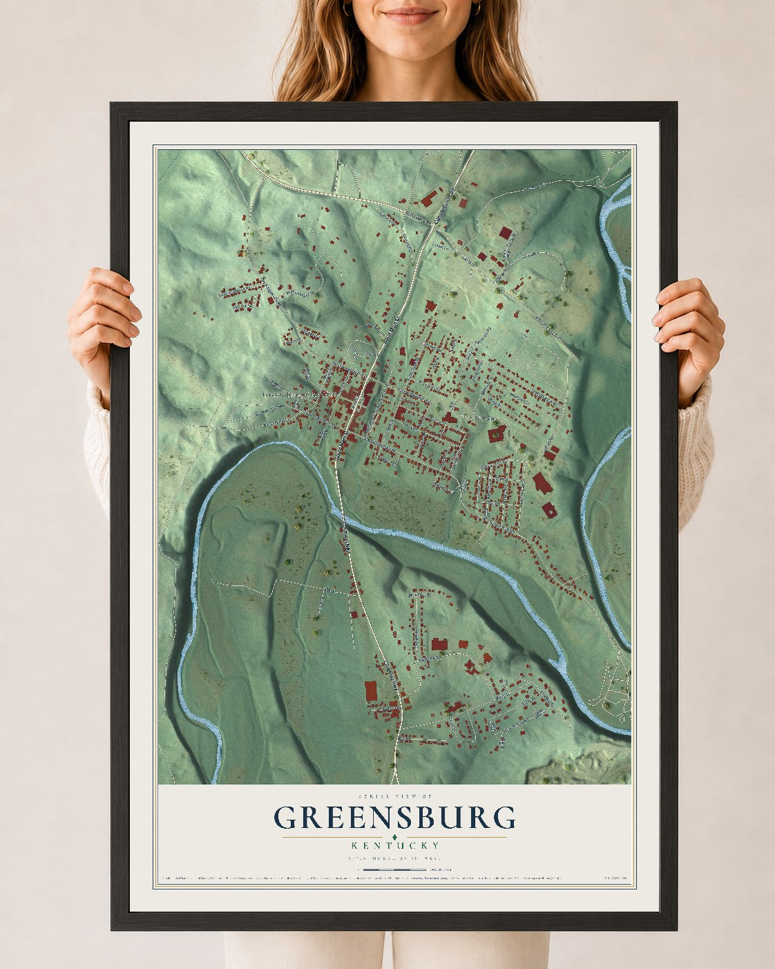 Map of Greensburg, Kentucky, 24 x 36 inch print in a black wood frame