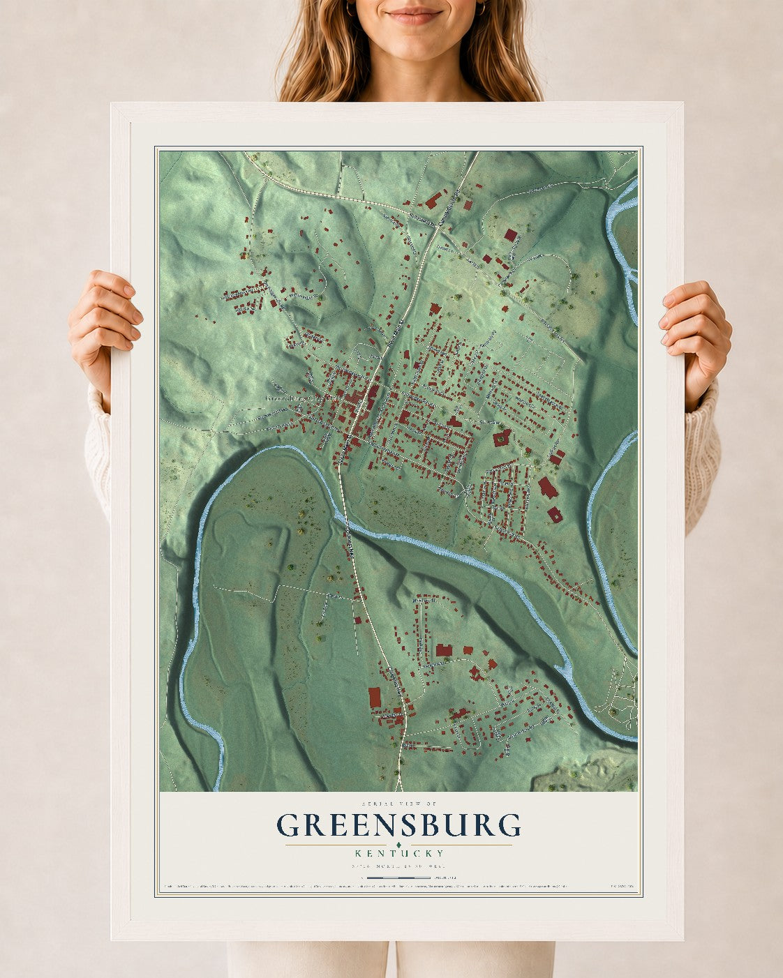 Map of Greensburg, Kentucky, 24 x 36 inch print in a white wood frame