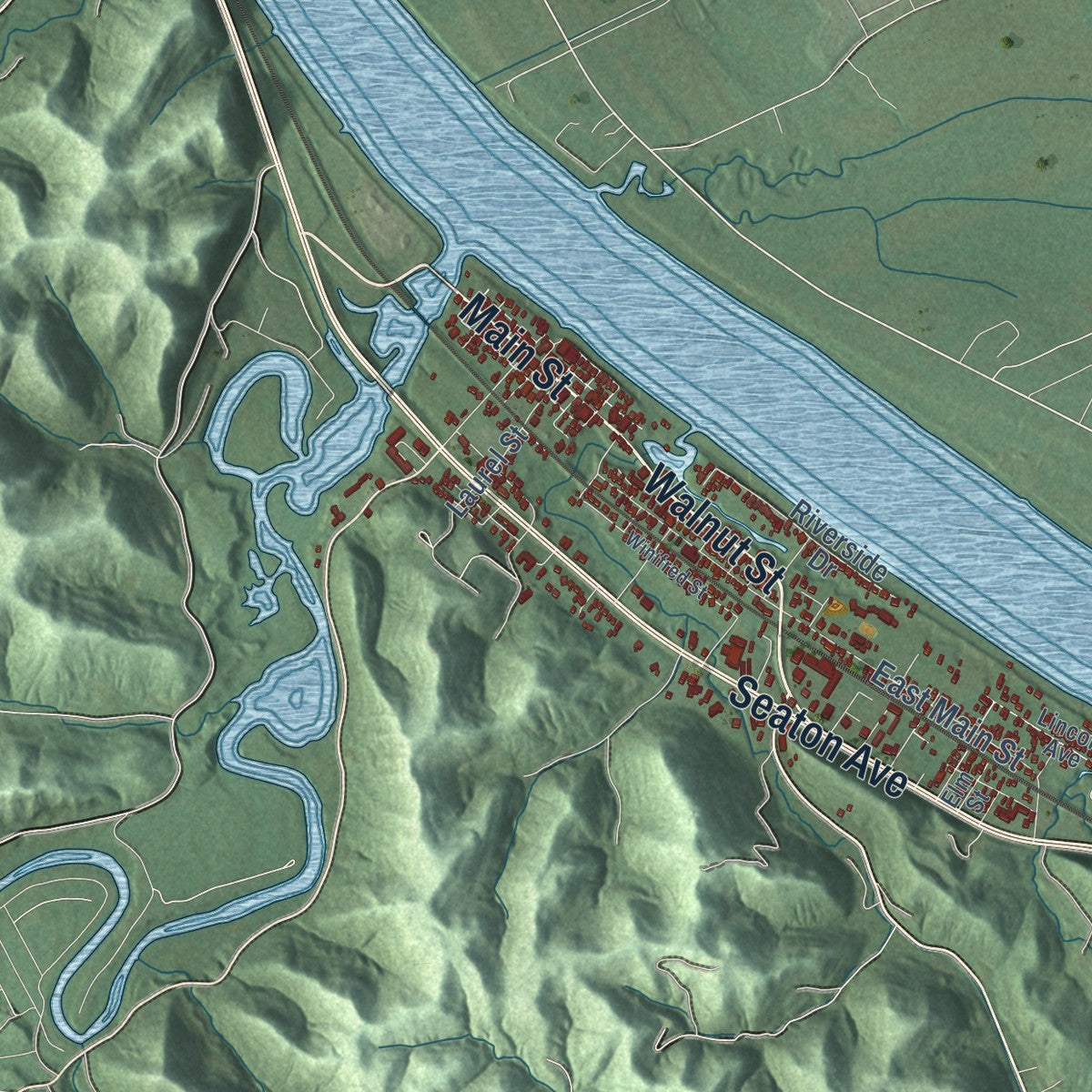 Second close-up of the map of Greenup, Kentucky print showing more streets and buildings
