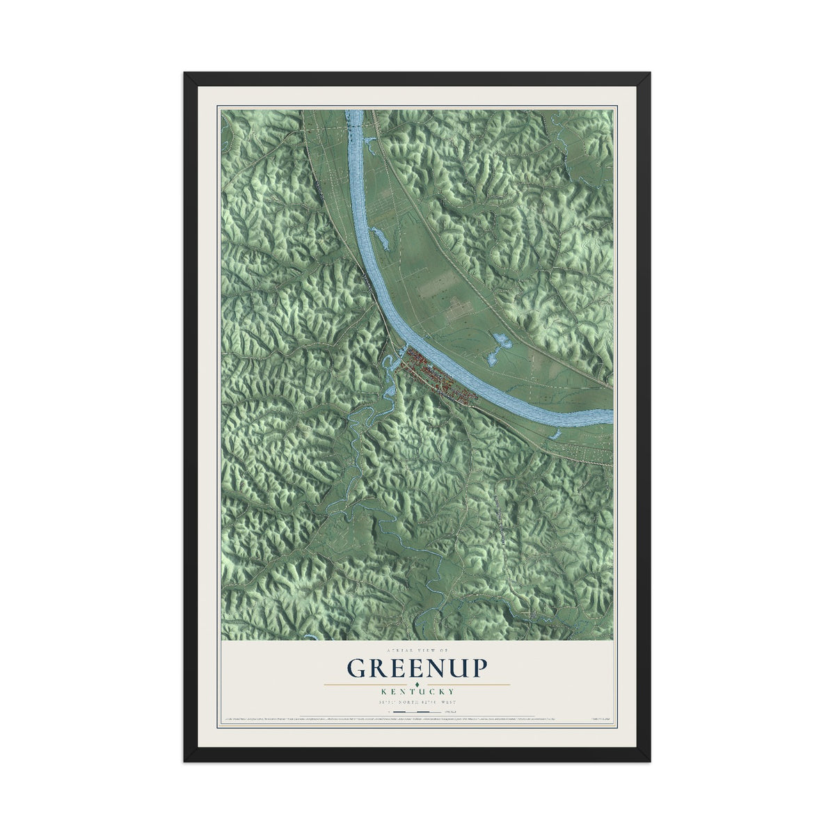 Map of Greenup, Kentucky, 12 x 18 inch print in a black wood frame