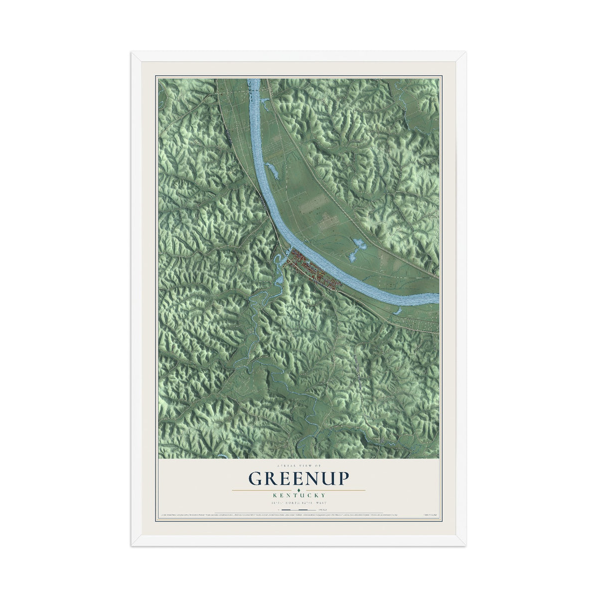 Map of Greenup, Kentucky, 12 x 18 inch print in a white wood frame