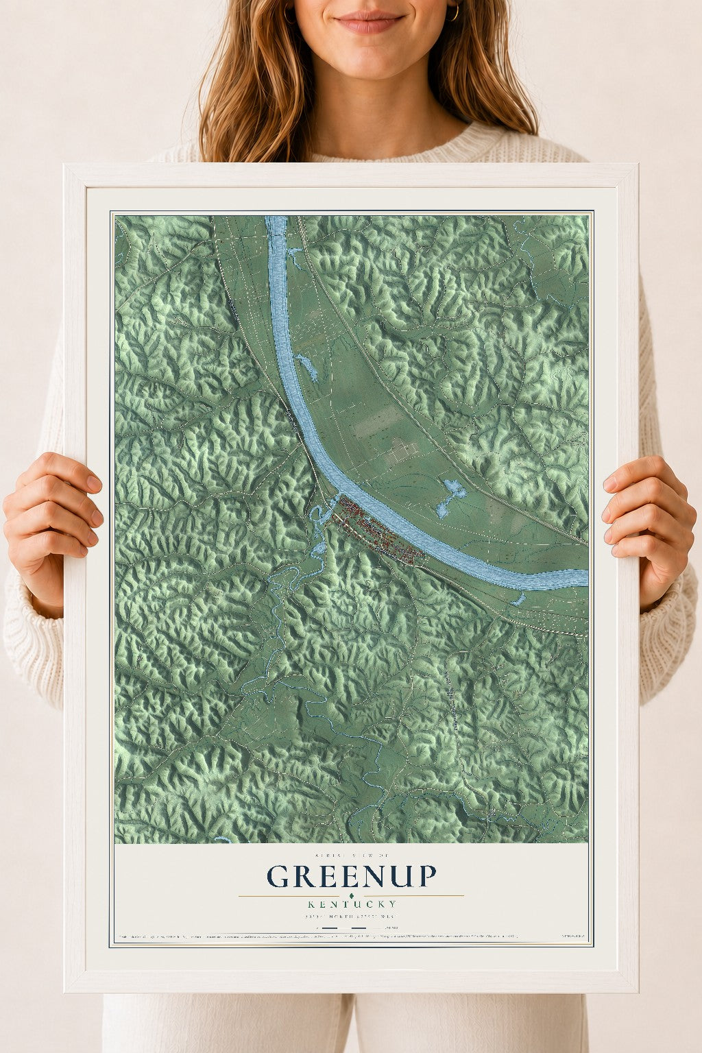Map of Greenup, Kentucky, 18 x 24 inch print in a white wood frame