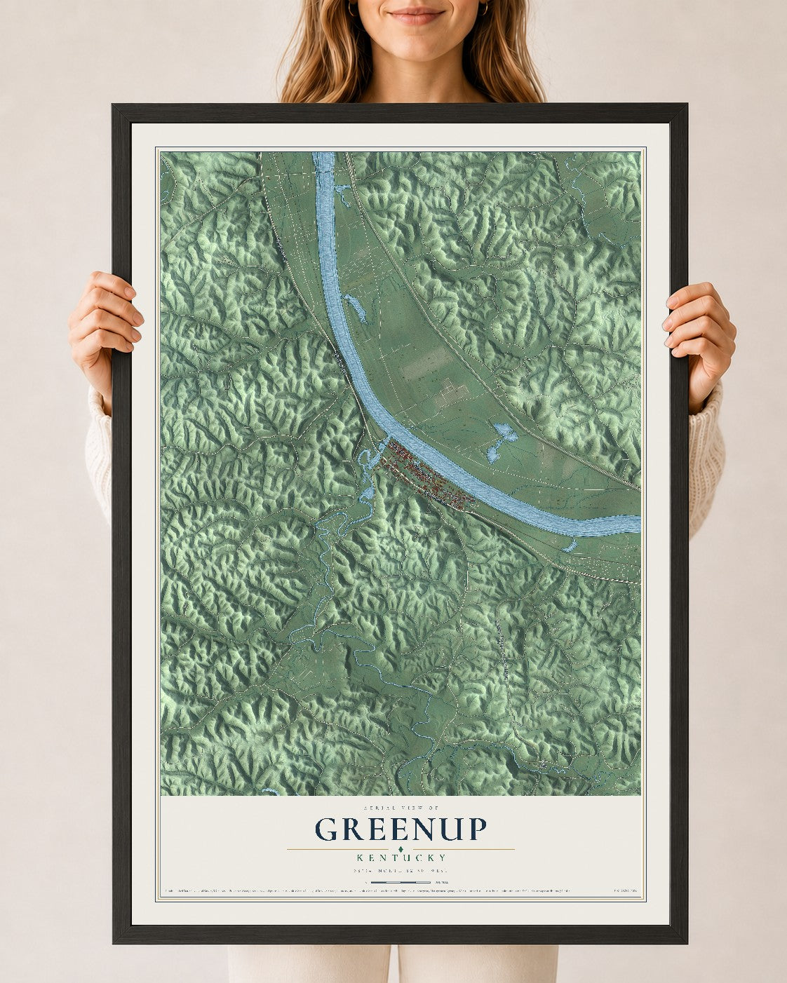 Map of Greenup, Kentucky, 24 x 36 inch print in a black wood frame