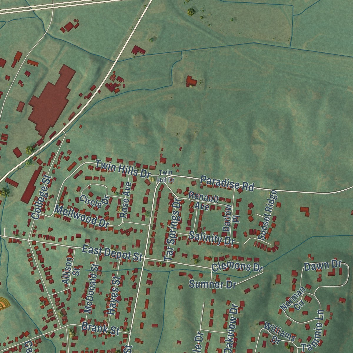 Second close-up of the map of Greenville, Kentucky print showing more streets and buildings