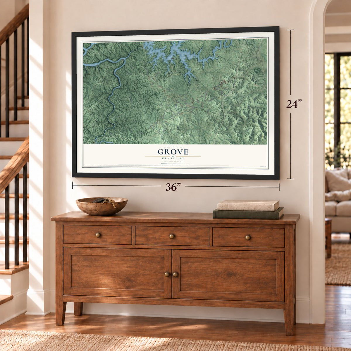 Grove, Kentucky map, 24 x 36 inch print in a black frame above a dresser by a staircase