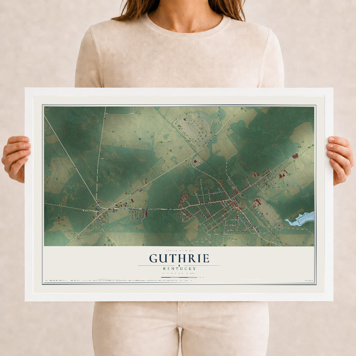 Map of Guthrie, Kentucky, 12 x 18 inch print in a white wood frame