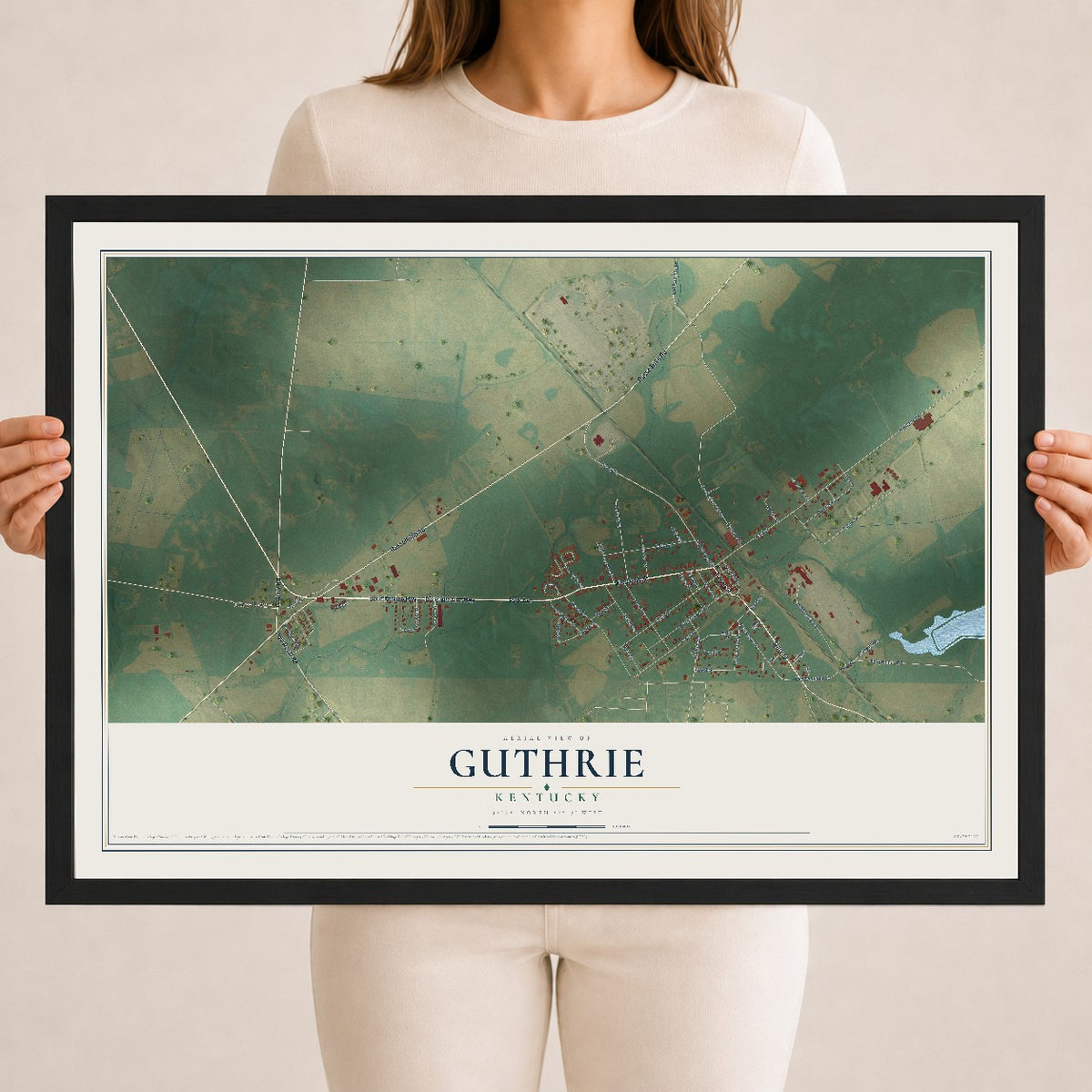 Map of Guthrie, Kentucky, 18 x 24 inch print in a black wood frame