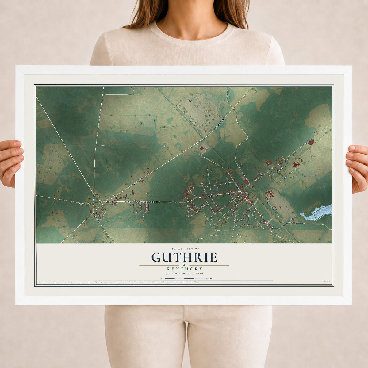 Map of Guthrie, Kentucky, 18 x 24 inch print in a white wood frame