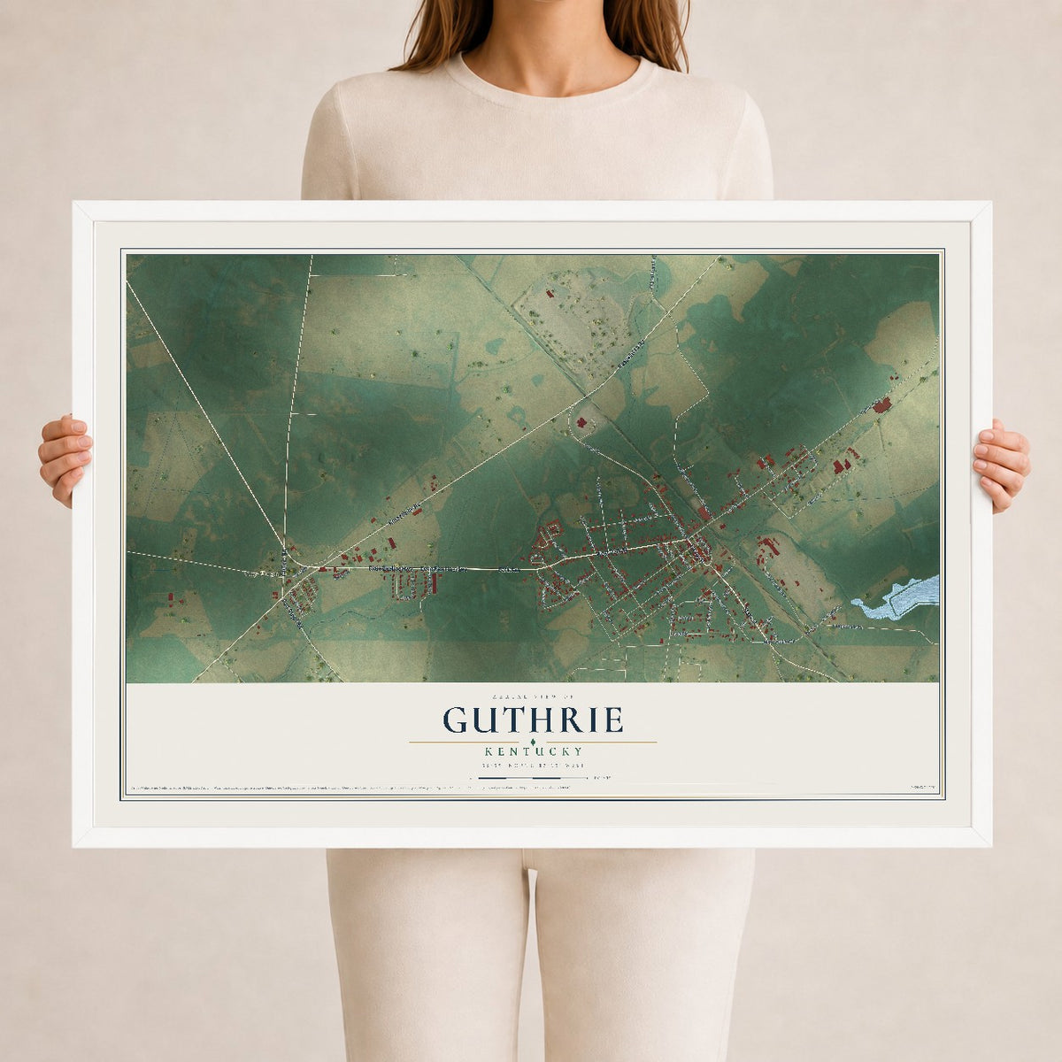 Map of Guthrie, Kentucky, 24 x 36 inch print in a white wood frame