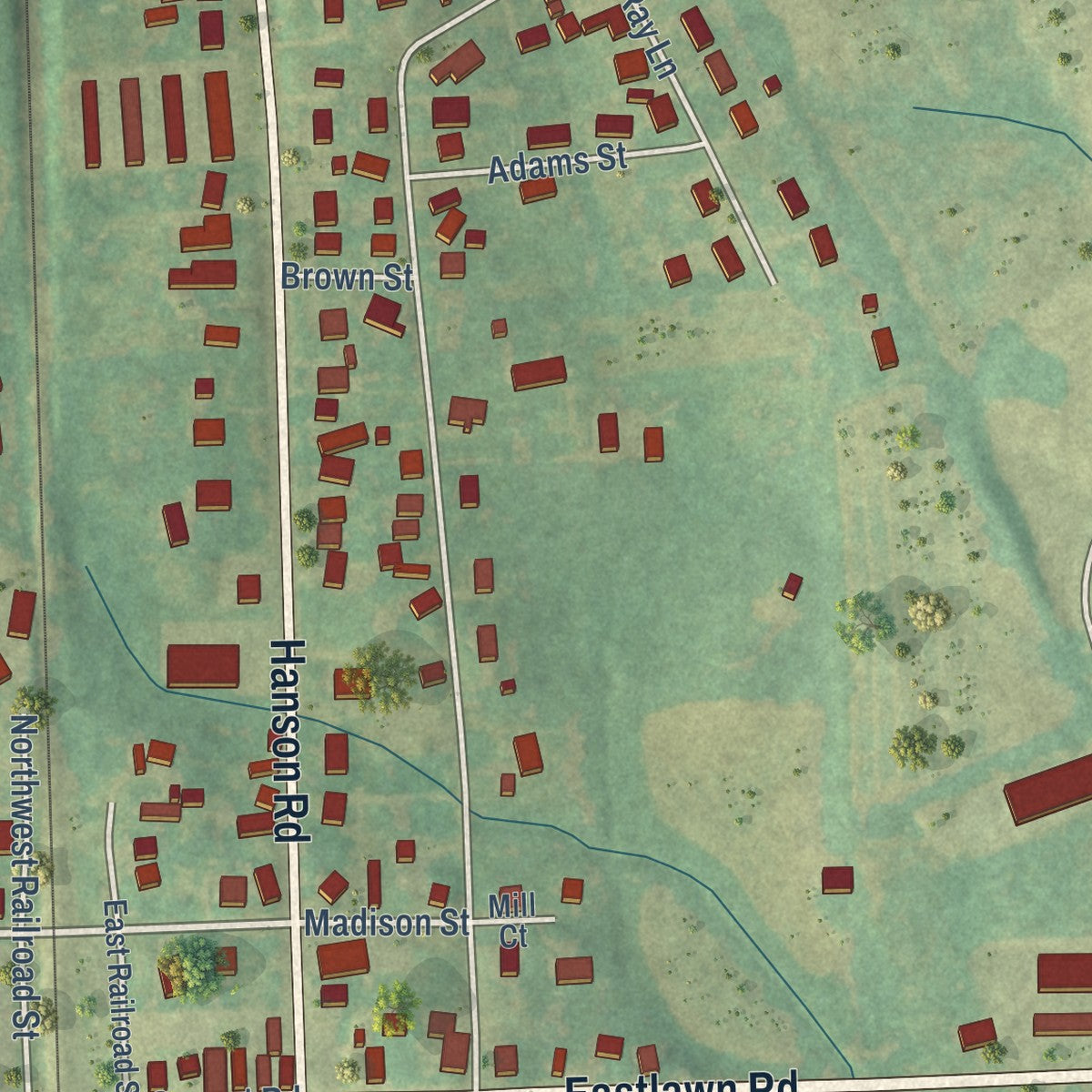 Close-up of the map of Hanson, Kentucky print showing street and building detail
