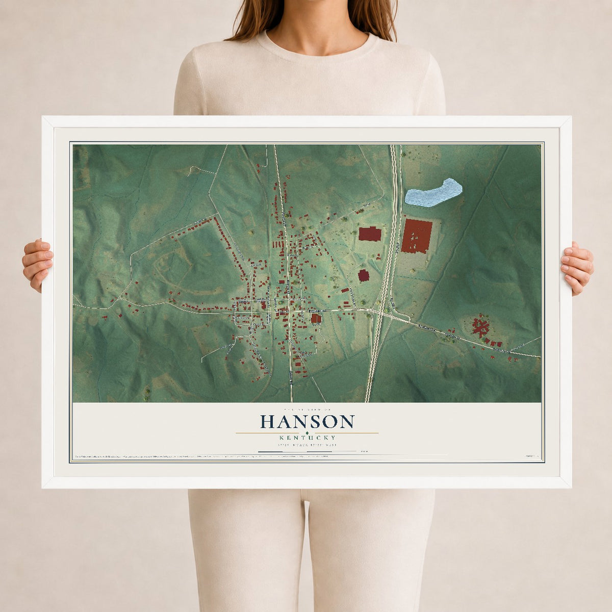 Map of Hanson, Kentucky, 24 x 36 inch print in a white wood frame