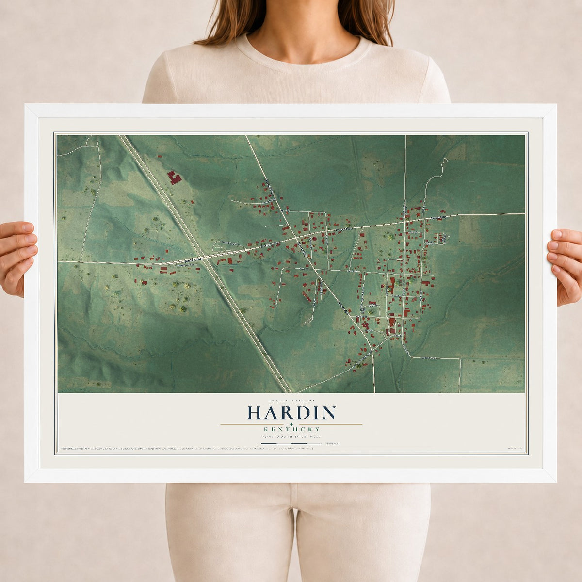 Map of Hardin, Kentucky, 18 x 24 inch print in a white wood frame