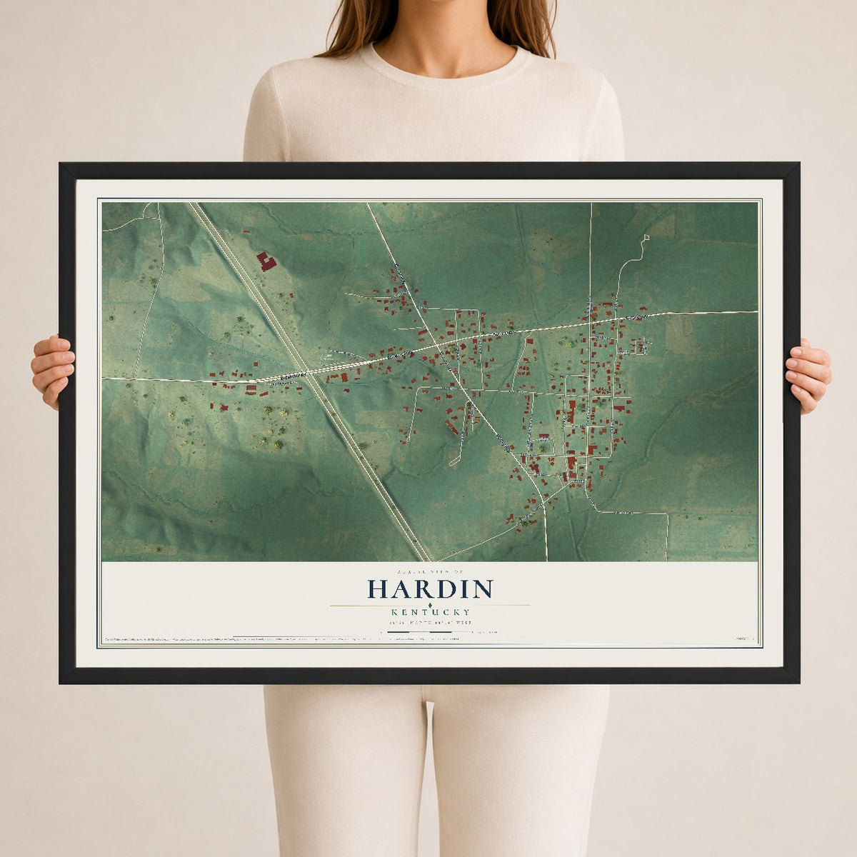 Map of Hardin, Kentucky, 24 x 36 inch print in a black wood frame