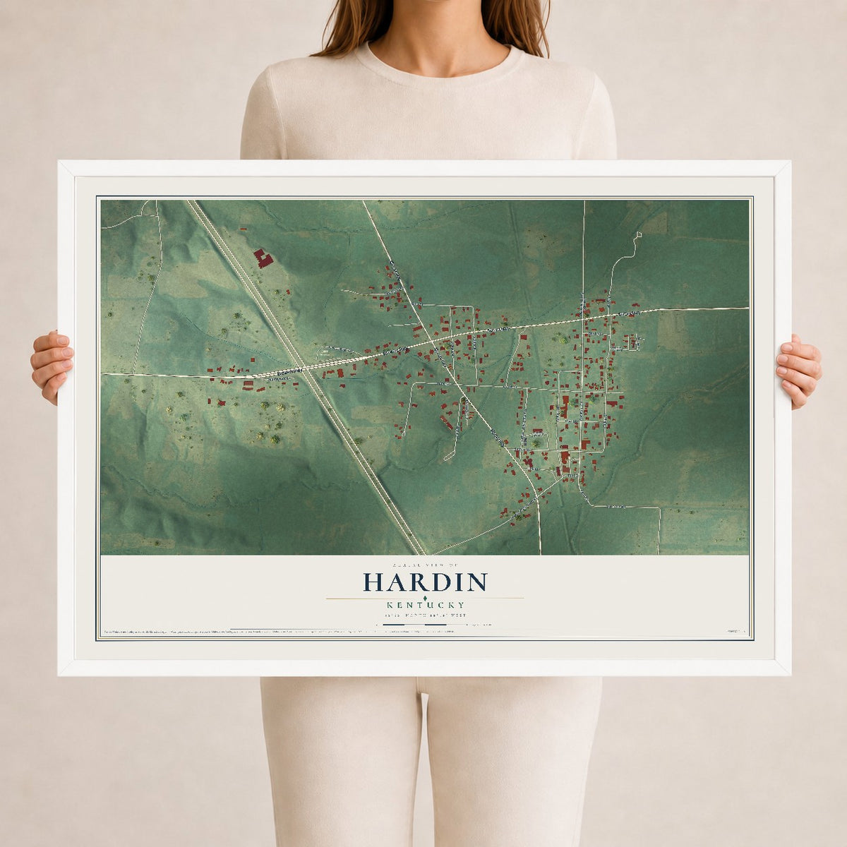 Map of Hardin, Kentucky, 24 x 36 inch print in a white wood frame