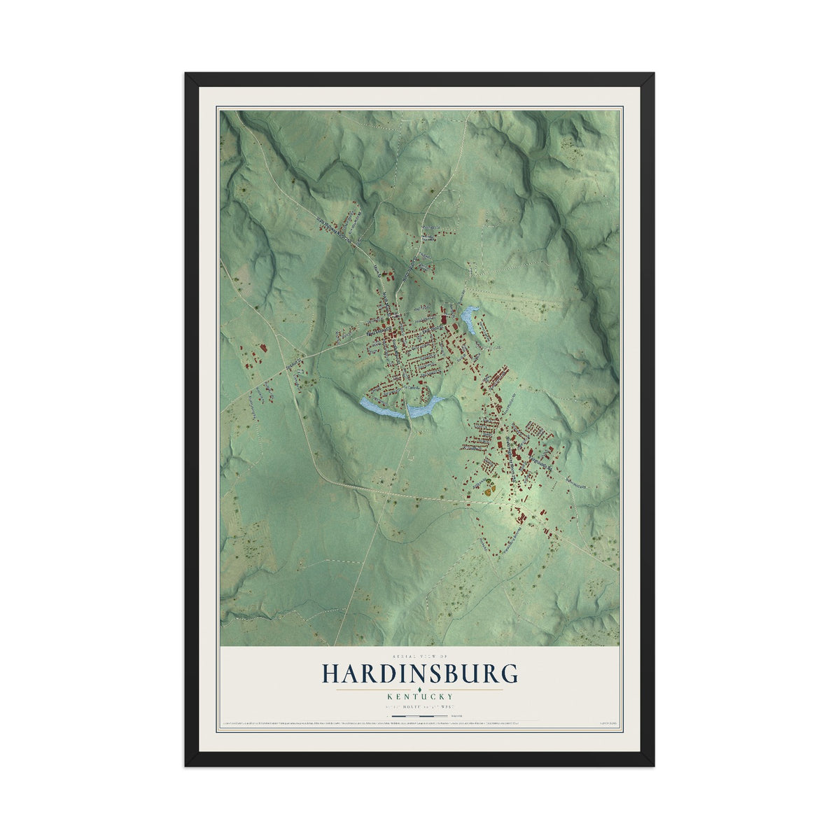Map of Hardinsburg, Kentucky, 12 x 18 inch print in a black wood frame