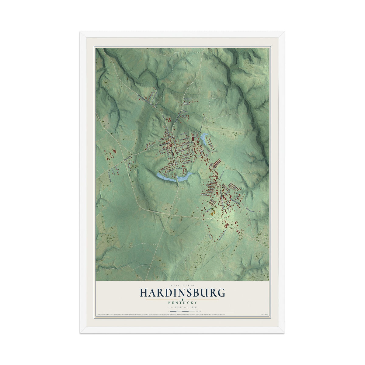 Map of Hardinsburg, Kentucky, 12 x 18 inch print in a white wood frame