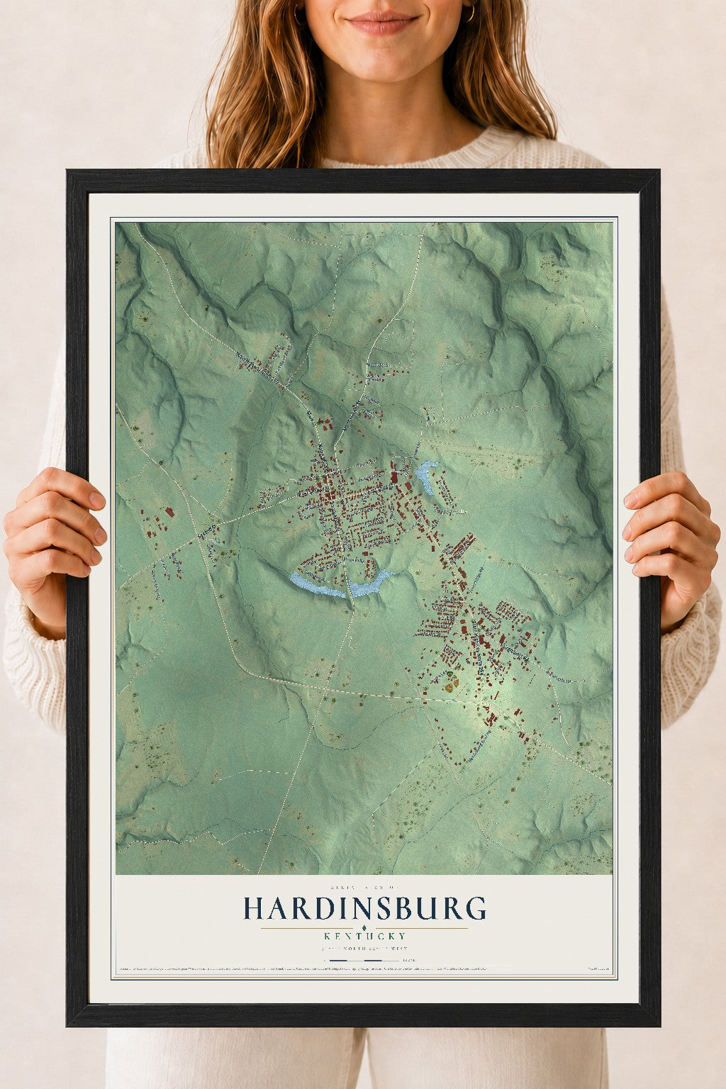 Map of Hardinsburg, Kentucky, 18 x 24 inch print in a black wood frame