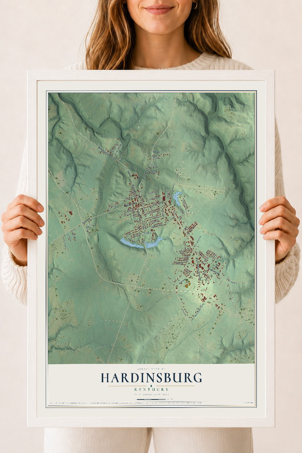 Map of Hardinsburg, Kentucky, 18 x 24 inch print in a white wood frame