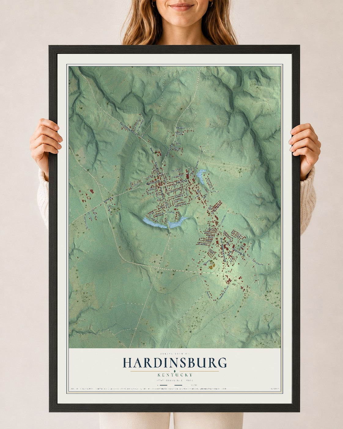 Map of Hardinsburg, Kentucky, 24 x 36 inch print in a black wood frame