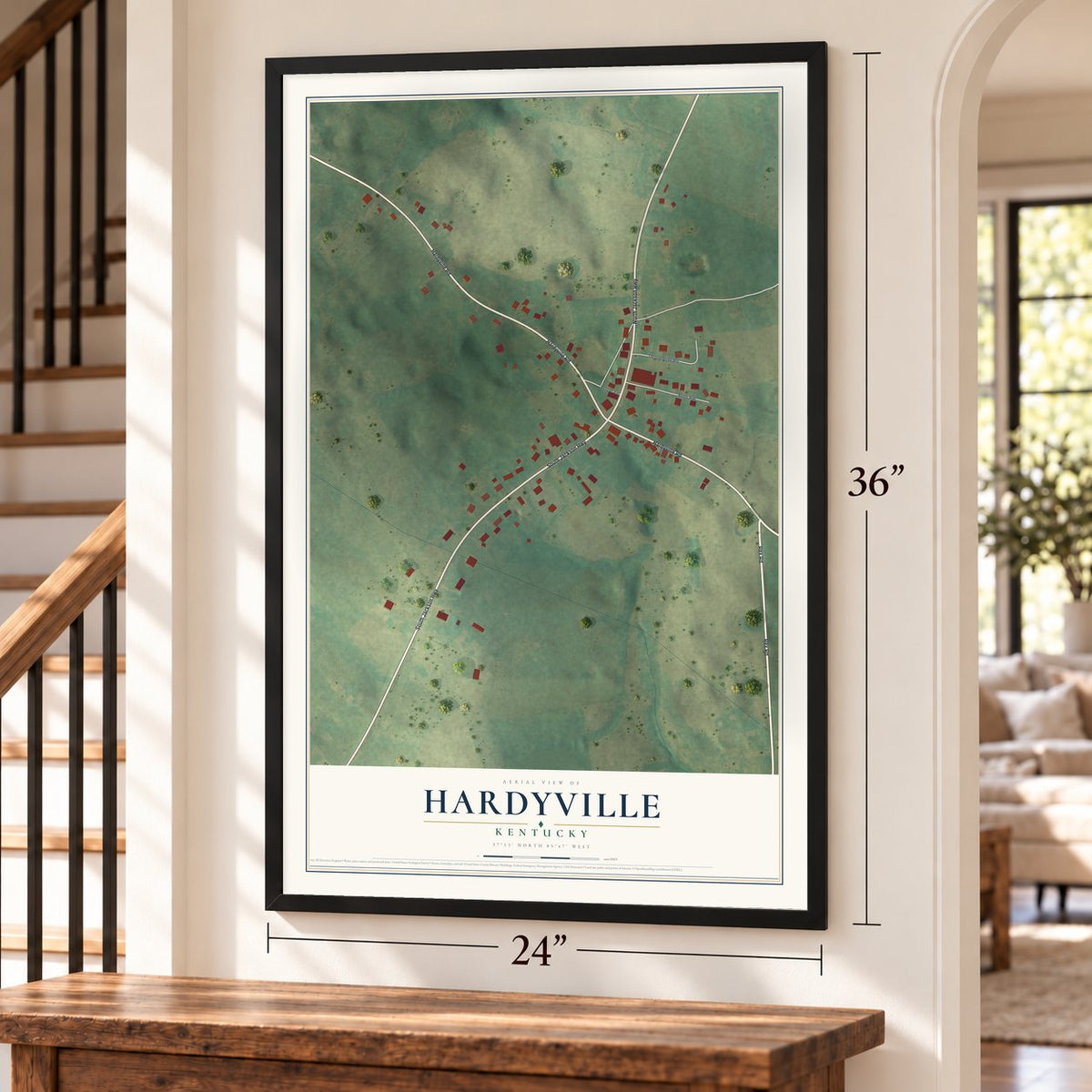 Hardyville, Kentucky map, 24 x 36 inch print in a black frame by a staircase