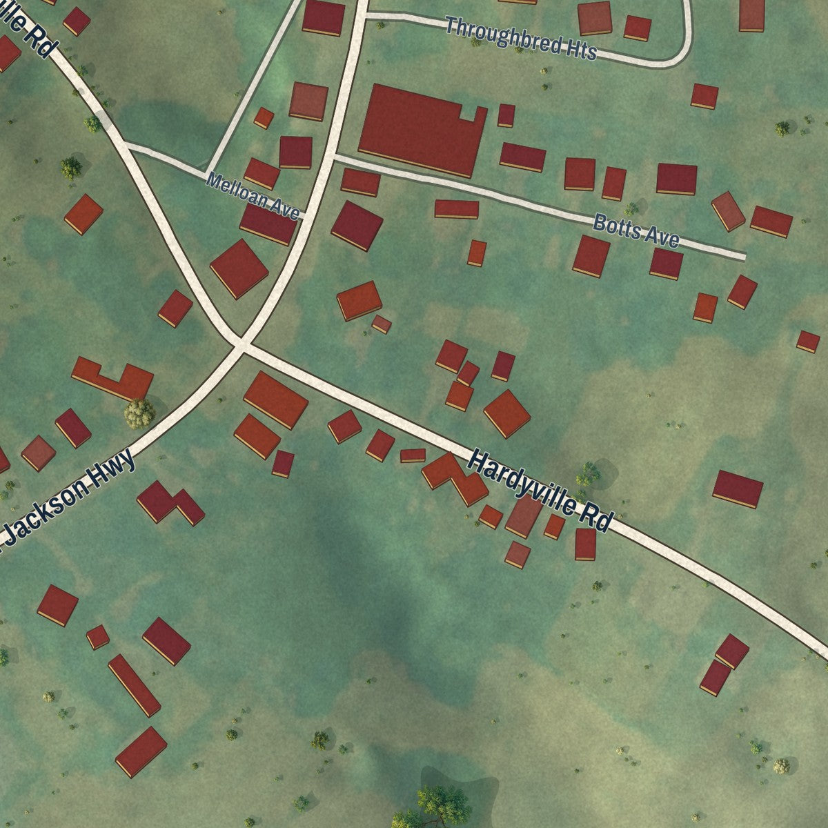 Close-up of the map of Hardyville, Kentucky print showing street and building detail