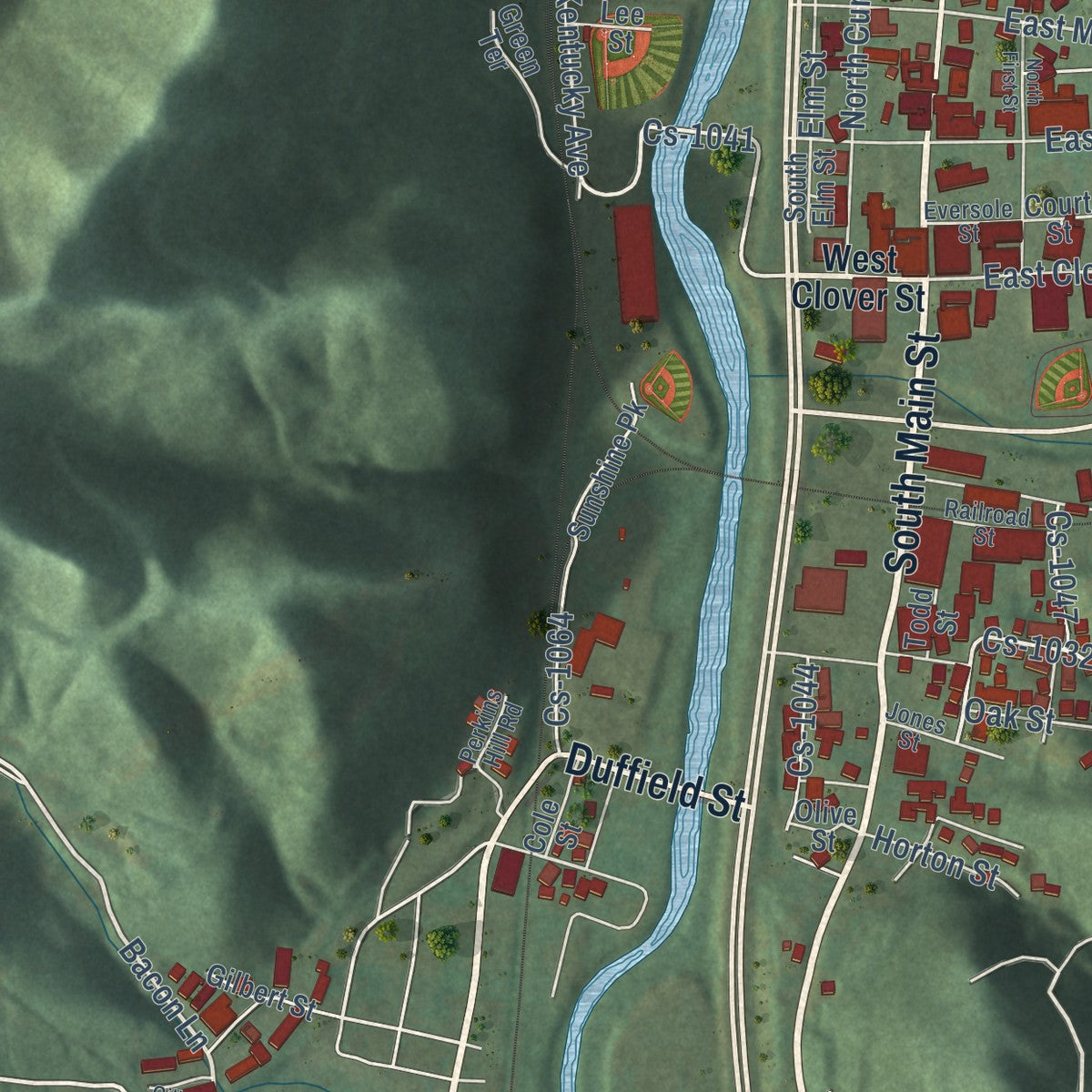Second close-up of the map of Harlan, Kentucky print showing more streets and buildings