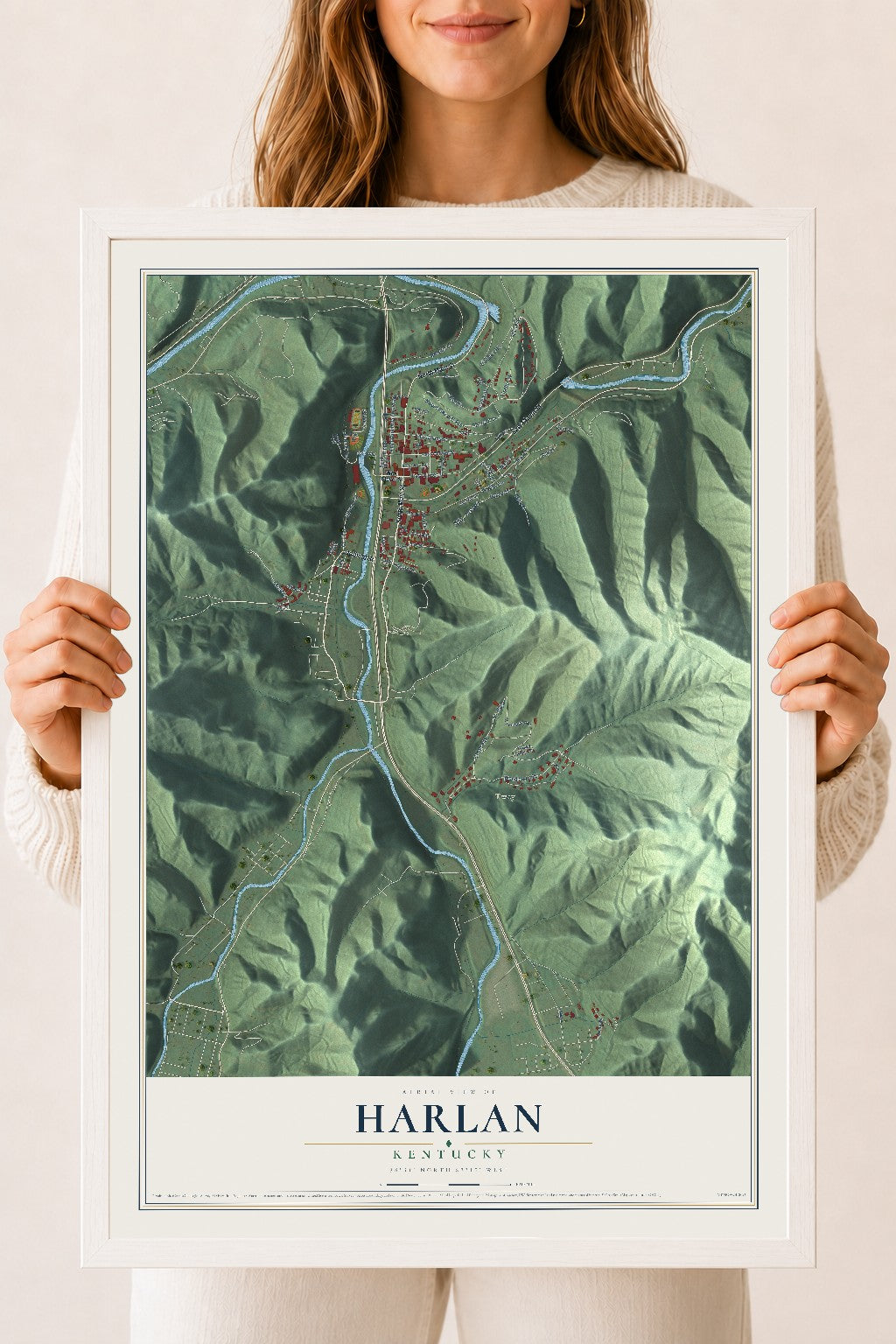 Map of Harlan, Kentucky, 18 x 24 inch print in a white wood frame