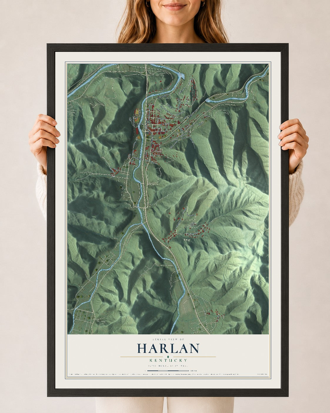 Map of Harlan, Kentucky, 24 x 36 inch print in a black wood frame