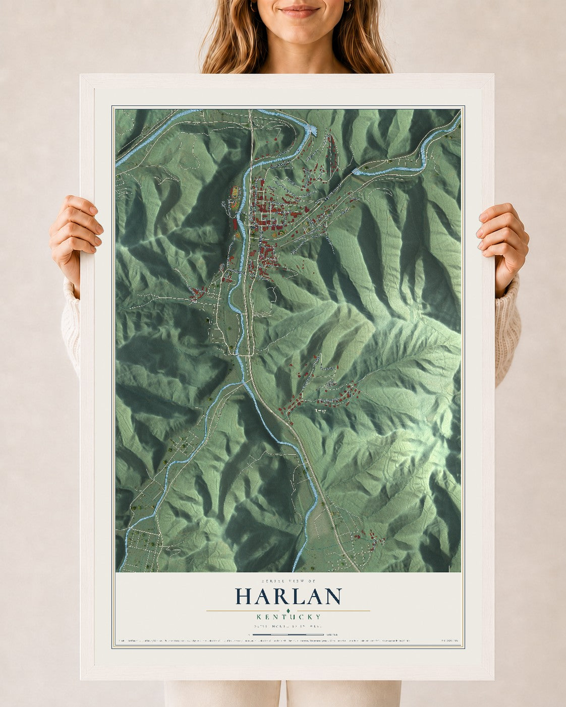Map of Harlan, Kentucky, 24 x 36 inch print in a white wood frame