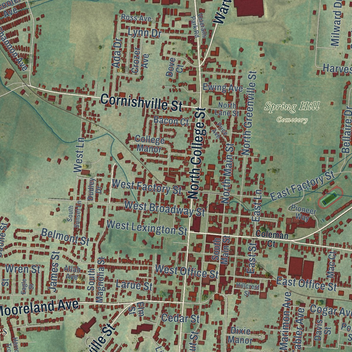 Close-up of the map of Harrodsburg, Kentucky print showing street and building detail