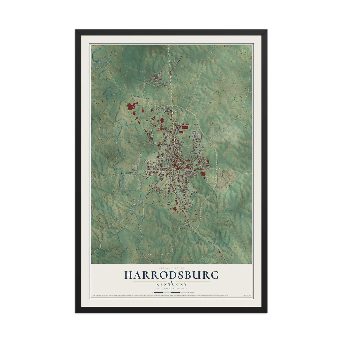 Map of Harrodsburg, Kentucky, 12 x 18 inch print in a black wood frame