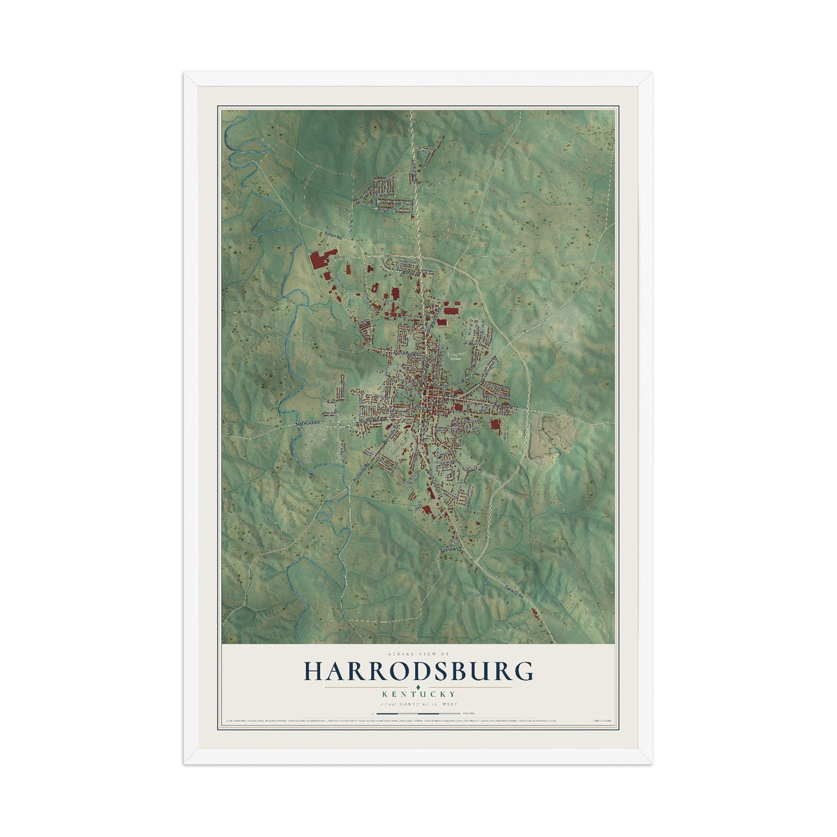 Map of Harrodsburg, Kentucky, 12 x 18 inch print in a white wood frame