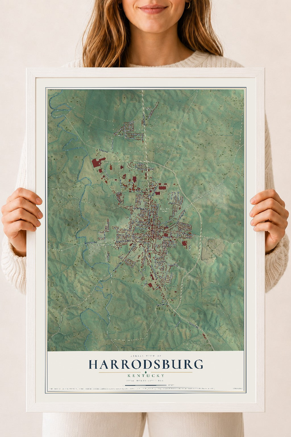 Map of Harrodsburg, Kentucky, 18 x 24 inch print in a white wood frame