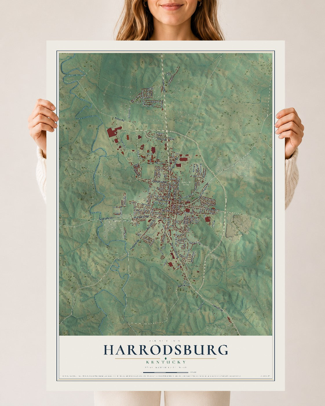 Map of Harrodsburg, Kentucky, 24 x 36 inch unframed archival matte print