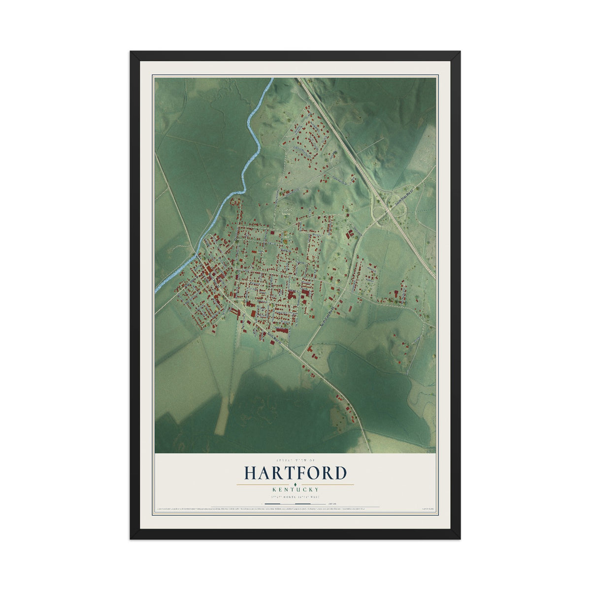 Map of Hartford, Kentucky, 12 x 18 inch print in a black wood frame