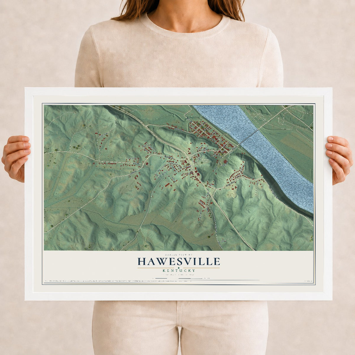Map of Hawesville, Kentucky, 12 x 18 inch print in a white wood frame