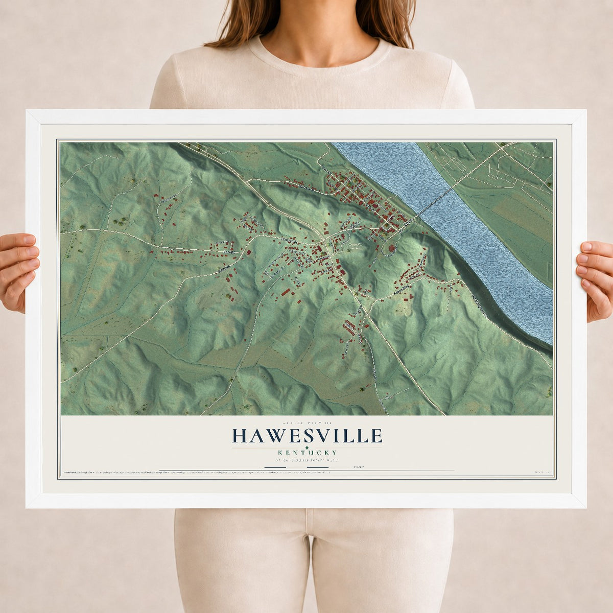 Map of Hawesville, Kentucky, 18 x 24 inch print in a white wood frame