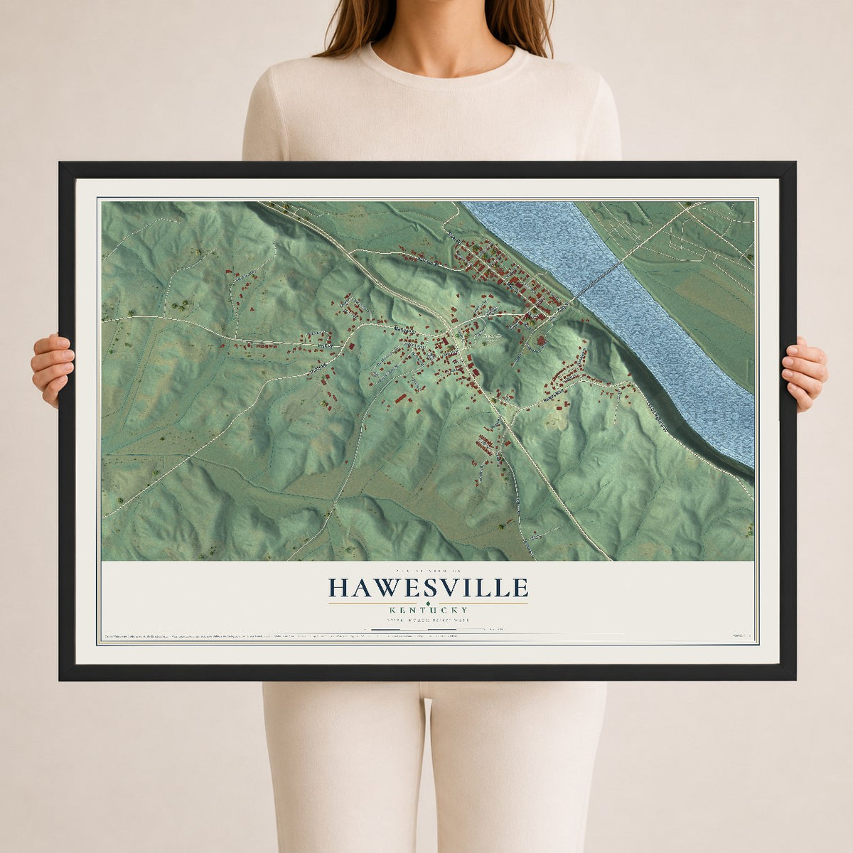 Map of Hawesville, Kentucky, 24 x 36 inch print in a black wood frame