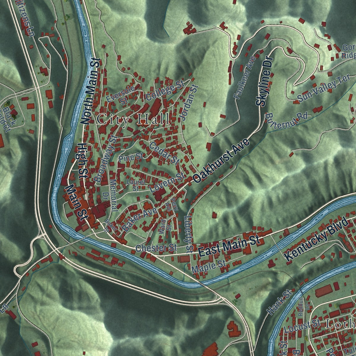 Close-up of the map of Hazard, Kentucky print showing street and building detail