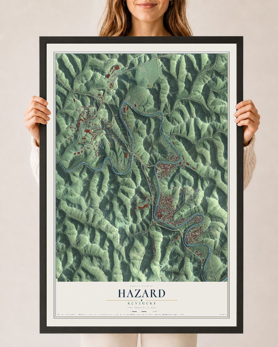Map of Hazard, Kentucky, 24 x 36 inch print in a black wood frame