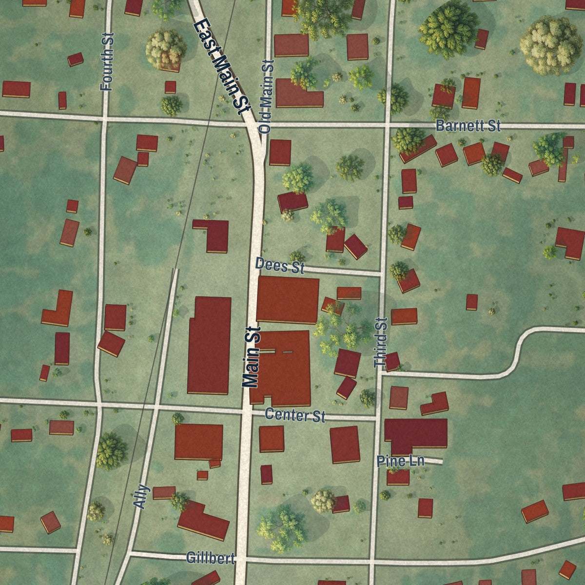 Close-up of the map of Hazel, Kentucky print showing street and building detail