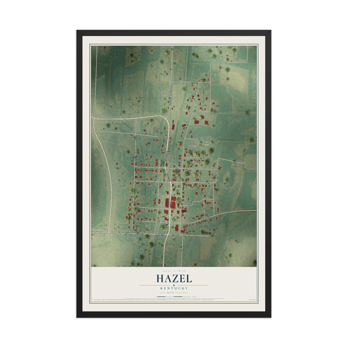 Map of Hazel, Kentucky, 12 x 18 inch print in a black wood frame