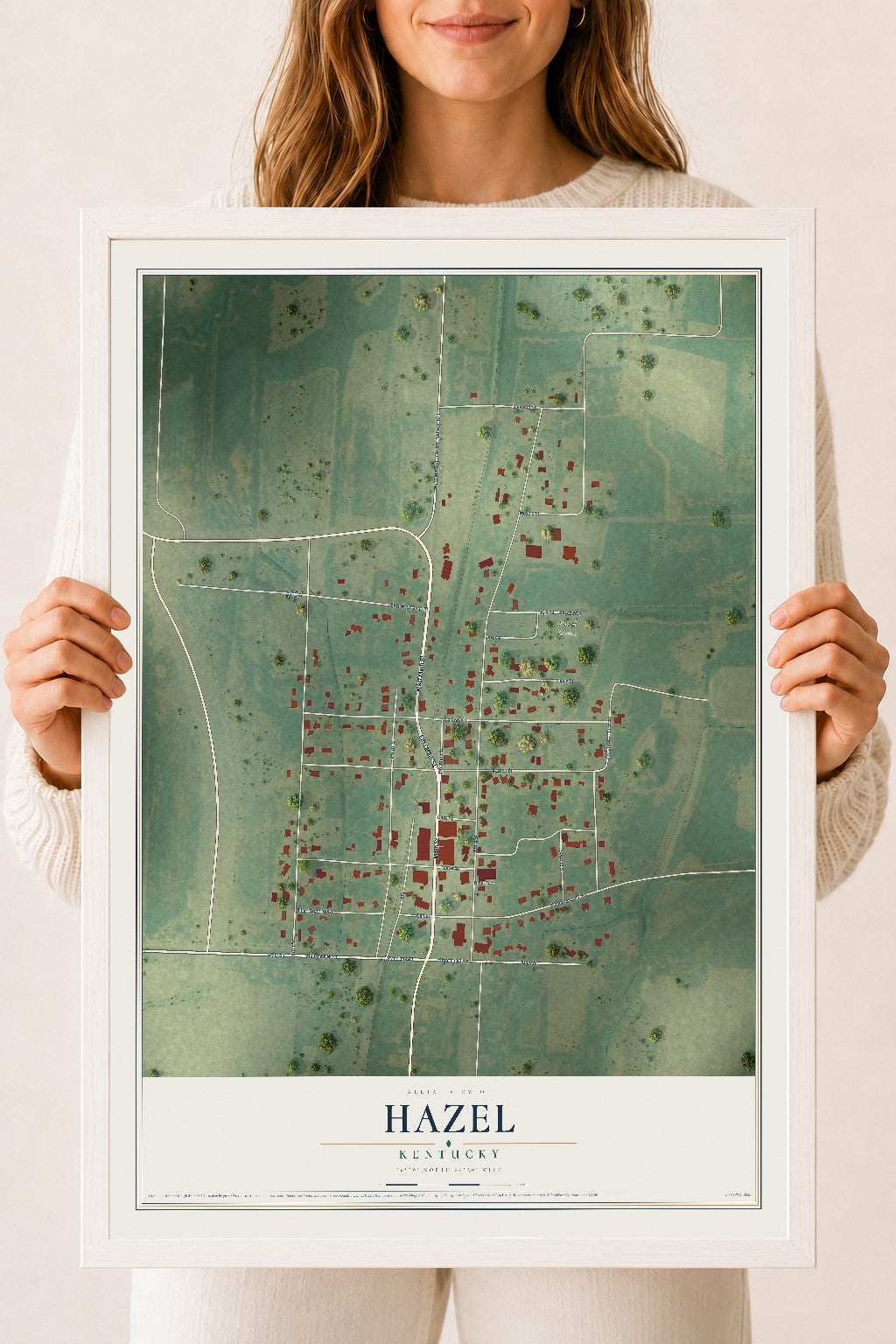 Map of Hazel, Kentucky, 18 x 24 inch print in a white wood frame
