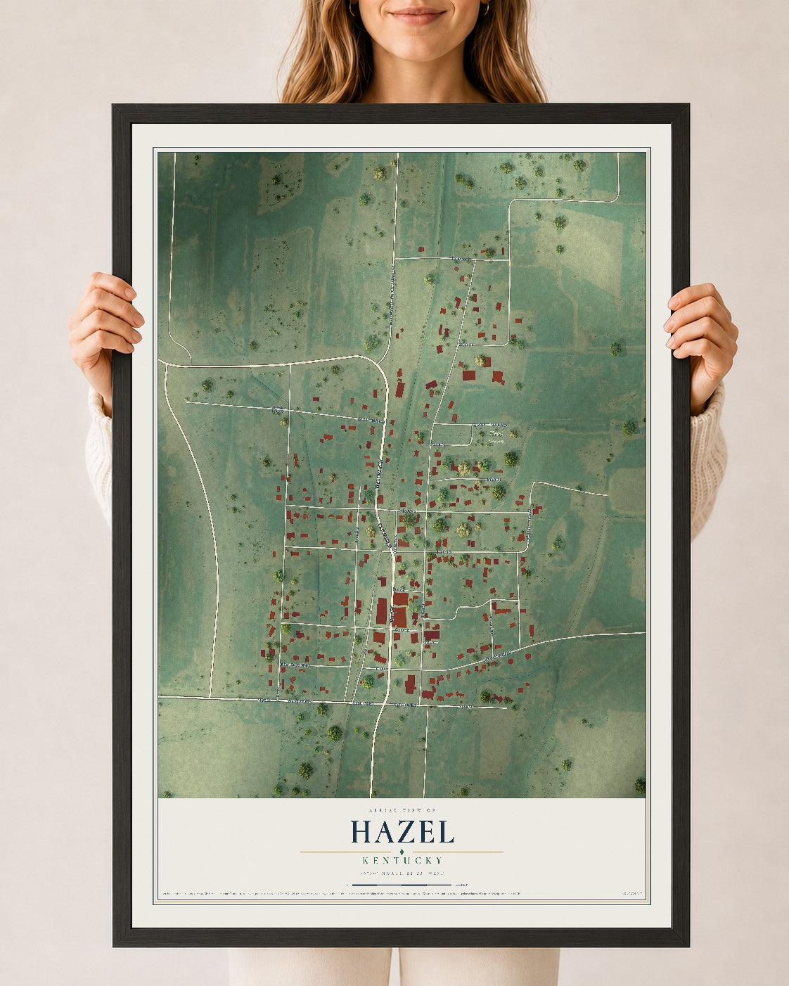 Map of Hazel, Kentucky, 24 x 36 inch print in a black wood frame