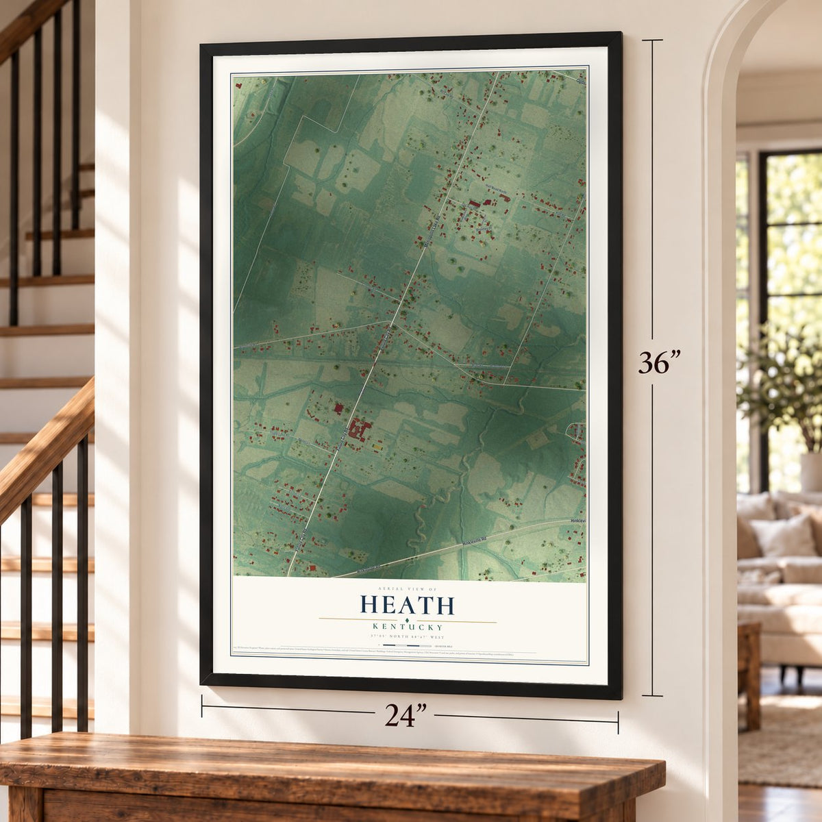 Heath, Kentucky map, 24 x 36 inch print in a black frame by a staircase