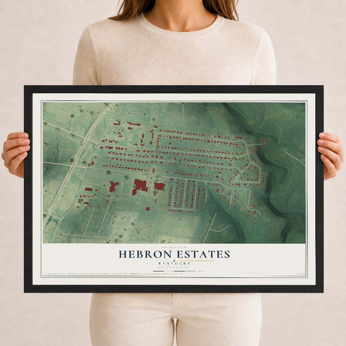 Map of Hebron Estates, Kentucky, 12 x 18 inch print in a black wood frame