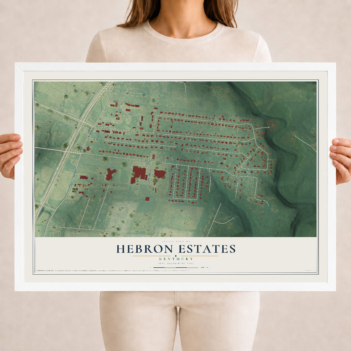 Map of Hebron Estates, Kentucky, 18 x 24 inch print in a white wood frame