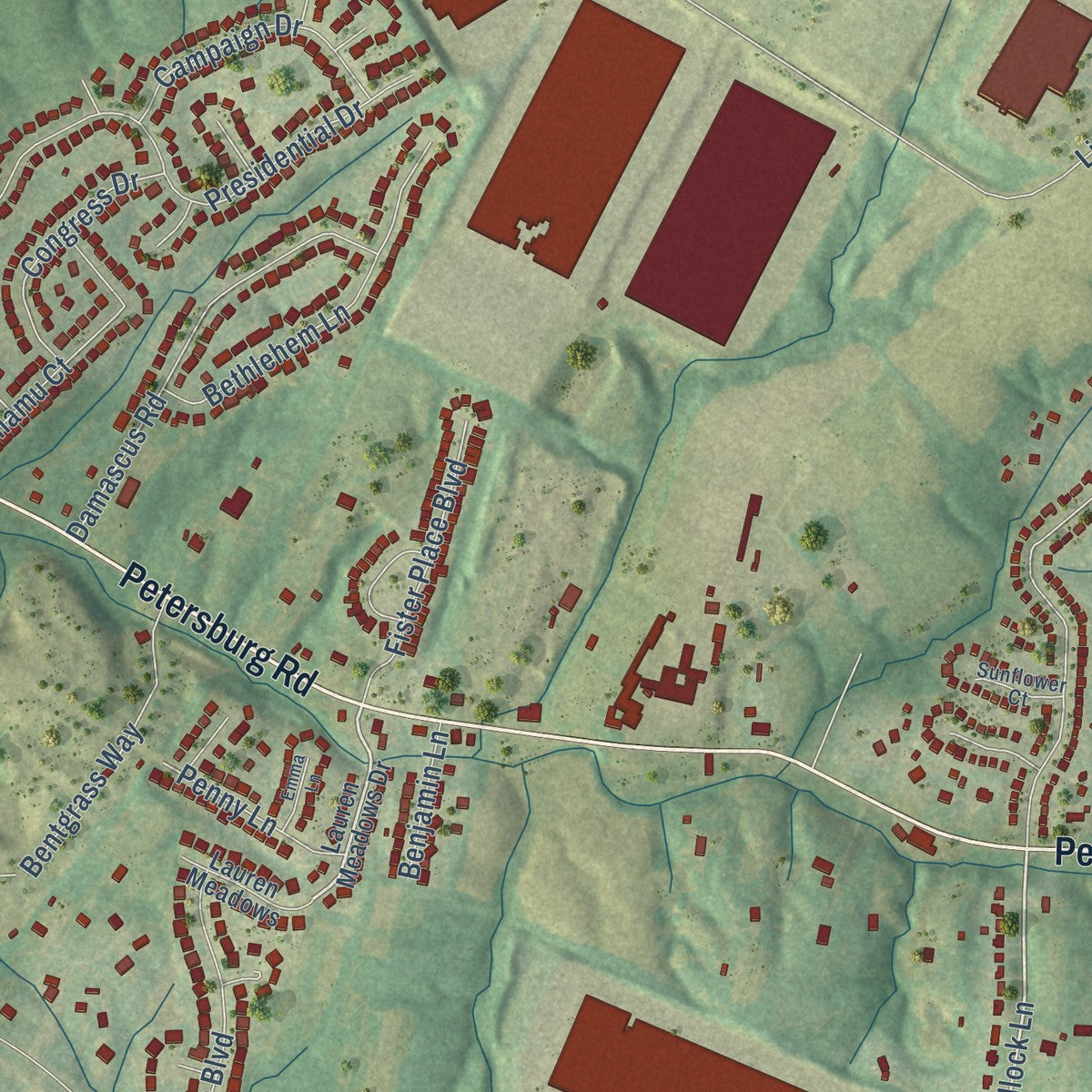 Second close-up of the map of Hebron, Kentucky print showing more streets and buildings