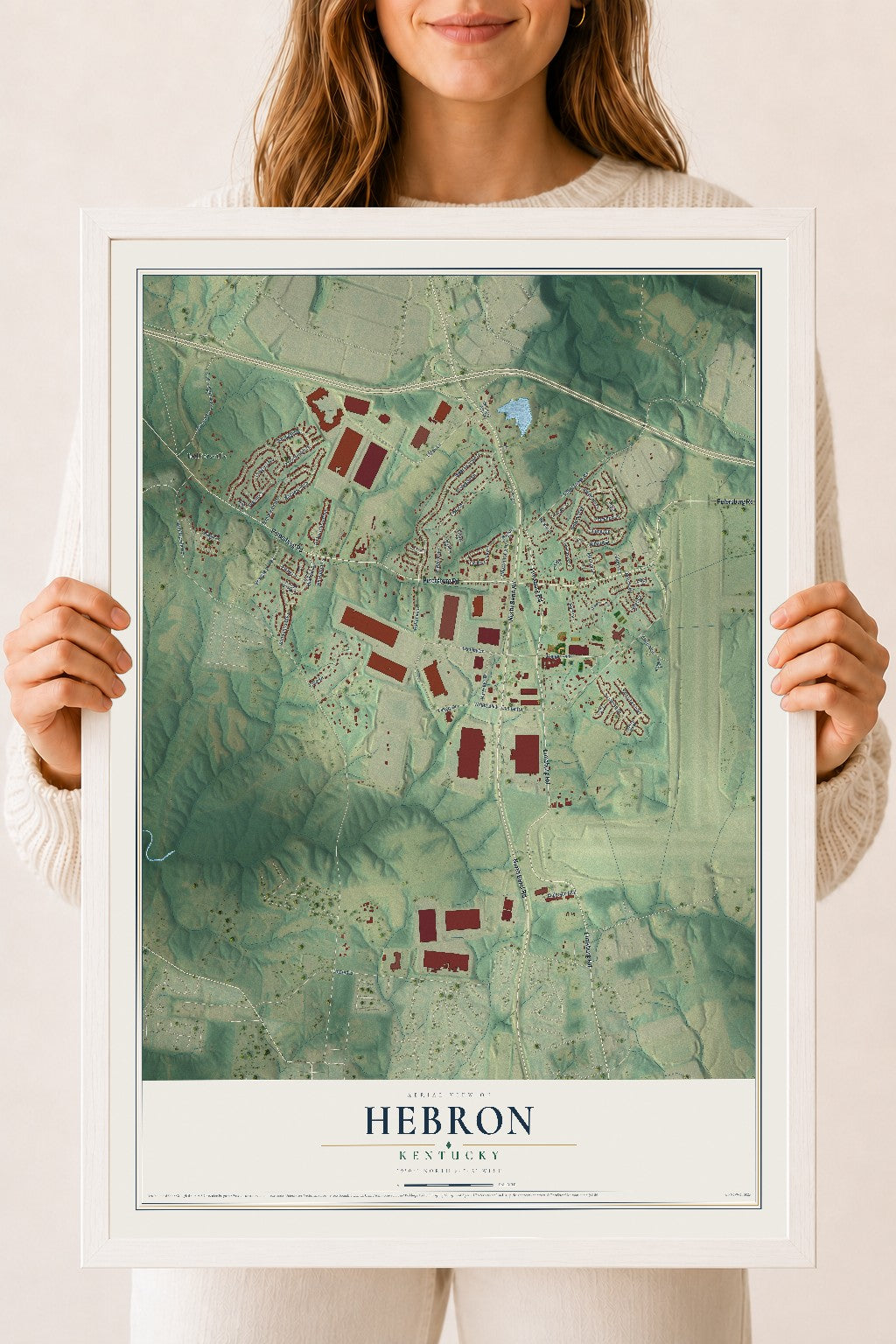 Map of Hebron, Kentucky, 18 x 24 inch print in a white wood frame