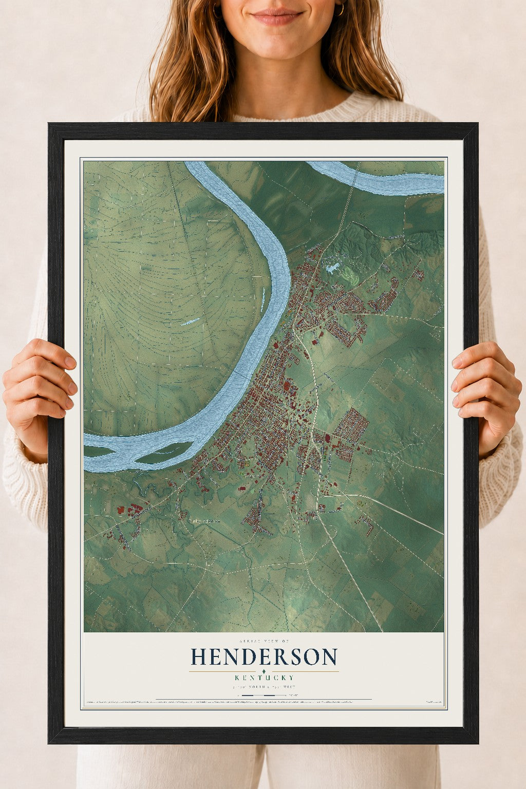 Map of Henderson, Kentucky, 18 x 24 inch print in a black wood frame